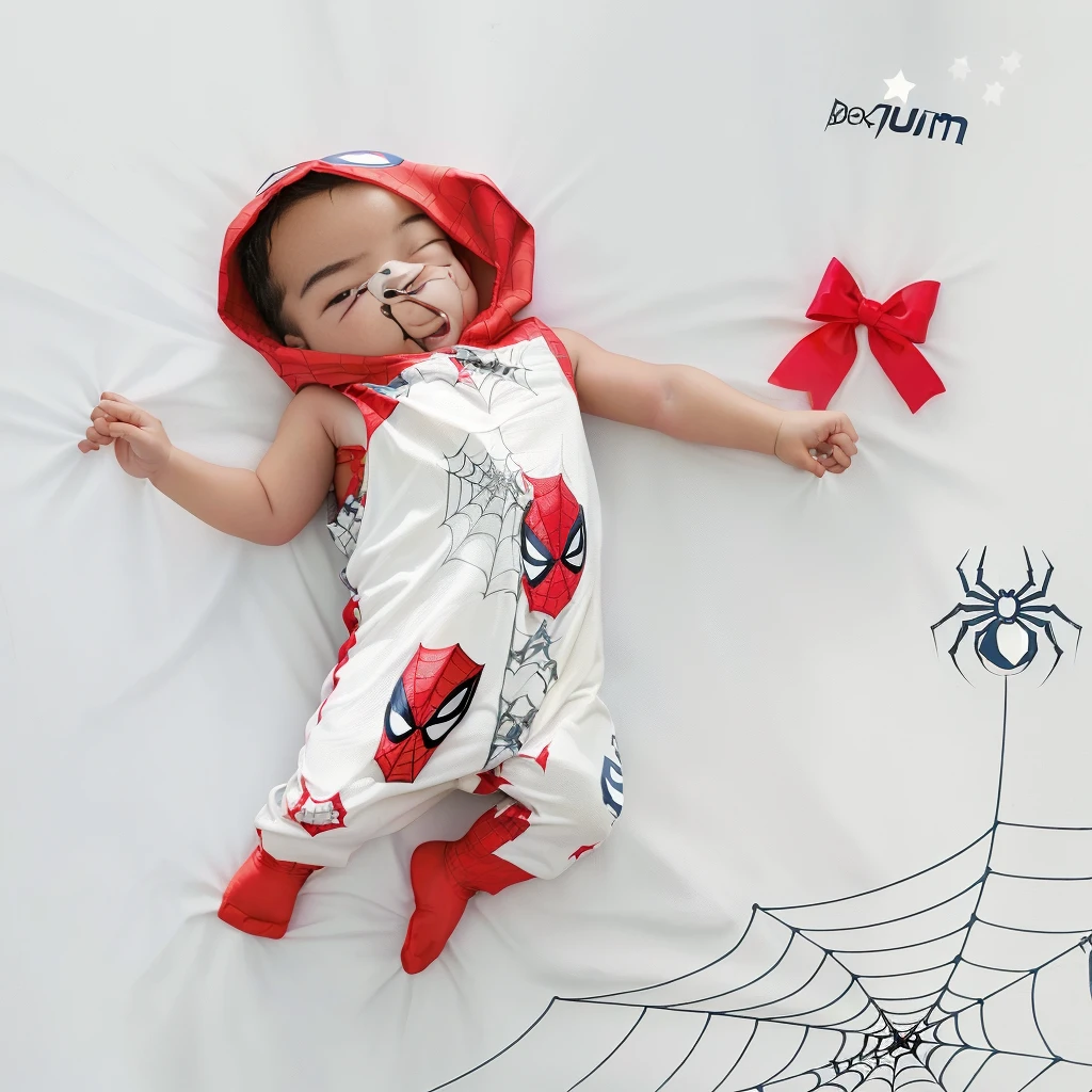 baby in spiderman outfit lying on a bed, Spider man!!, cute boy, Portrait photo, More cute, em estilo halloween, hero shot, closeup Portrait photo, full body wide shot, next generation, thousands of morals!!!, super adorable, full costume, olhando de lado!, wearing hero costume, Spider man, Wide medium shot, Super heroi
