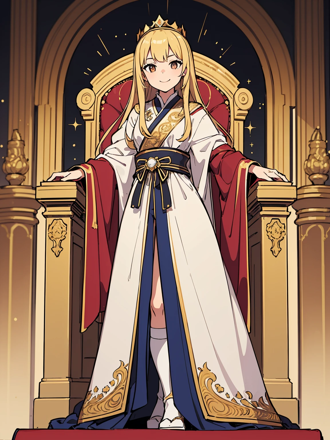 masterpiece, best quality, lineart, anime screencap, sketch, (1girl), blonde hair, long hair, brown eyes, bright pupils, sparkling eyes, solo, royal clothes, royal robes, embroidered robes, ornate clothes, intricate robes, crown, standing, smile, (standing next to throne), looking at viewer, light particles, scenery, throne room, indoors, throne, (empty throne), red carpet, ornate throne, 