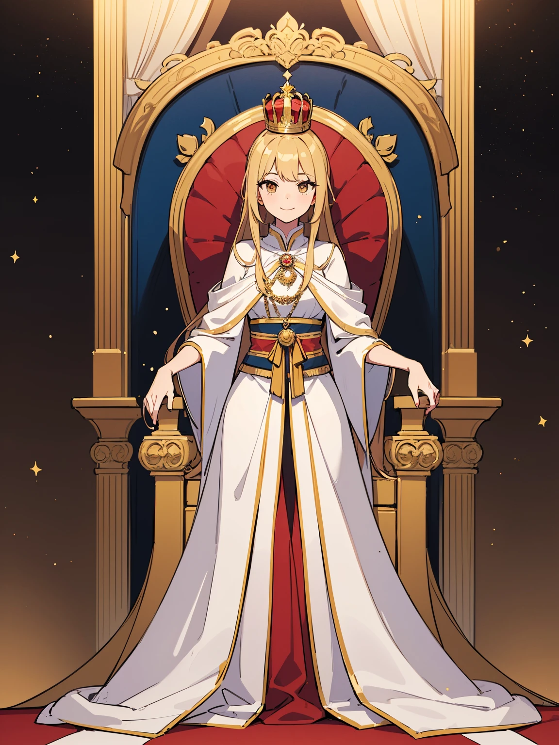masterpiece, best quality, lineart, anime screencap, sketch, (1girl), blonde hair, long hair, brown eyes, bright pupils, sparkling eyes, solo, royal clothes, royal robes, embroidered robes, ornate clothes, intricate robes, crown, standing, smile, (standing next to throne), looking at viewer, light particles, scenery, throne room, indoors, throne, (empty throne), red carpet, ornate throne,