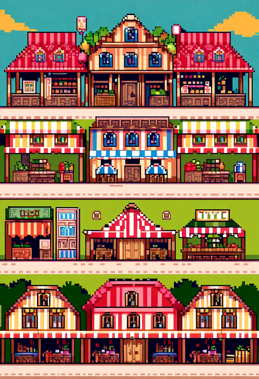 (Best Quality,high resolution), pixel art, vibrant colors, nostalgic atmosphere, Immersive gameplay, 16-bit graphics, pixel perfect controls, Town humilde,   neighbors talking, happy, Town, COMMUNITY MARKET