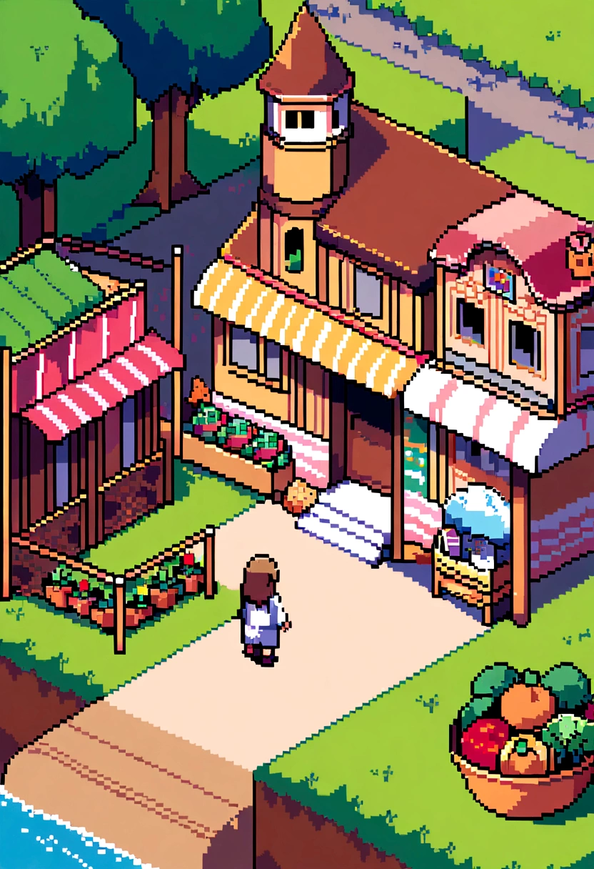 (Best Quality,high resolution), pixel art, vibrant colors, nostalgic atmosphere, Immersive gameplay, 16-bit graphics, pixel perfect controls, Town humilde, neighbors talking, happy, Town, COMMUNITY MARKET