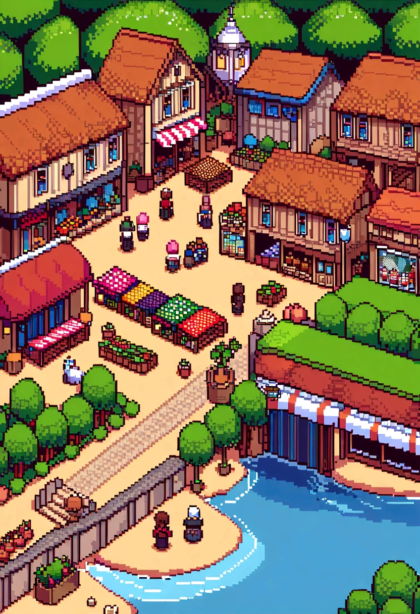(Best Quality,high resolution), pixel art, vibrant colors, nostalgic atmosphere, Immersive gameplay, 16-bit graphics, pixel perfect controls, Town humilde, neighbors talking, happy, Town, COMMUNITY MARKET