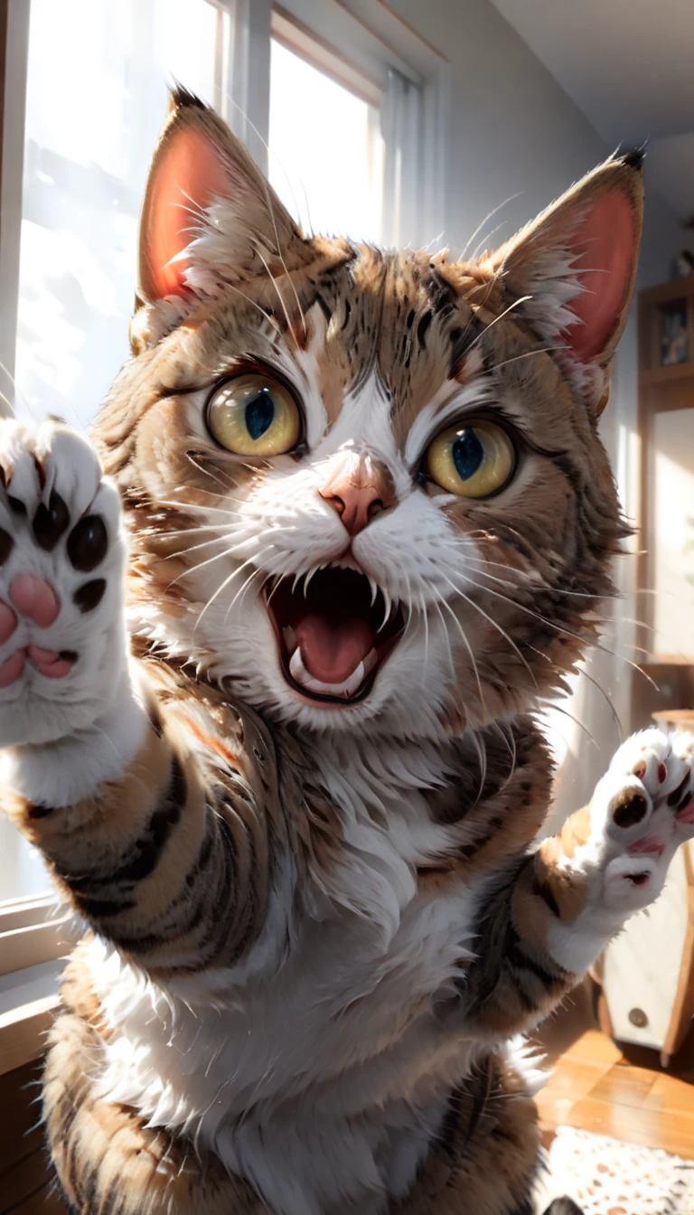 a shocked tabby cat, extremely detailed, beautiful detailed eyes, beautiful detailed nose, beautiful detailed mouth, sharp focus, 8k, photorealistic, professional photography, natural lighting, depth of field, intricate details, soft fur, whiskers, paws, expressive face, surprised expression, wide open eyes, raised eyebrows, alert pose, indoor setting, window light