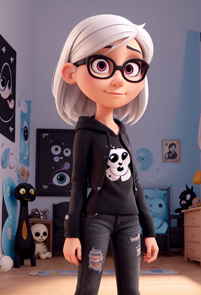 cartoon character, White girl, slim, with a cold look and neutral expression, long straight black hair, eyes black, retracted lips, big square glasses, black t-shirt with a skull design and ripped blue jeans, black boot. in a teenager&#39;s room , with a guitar hanging on the bedroom wall, picture on the wall of a skull drawing. photo by full body, drawing in 3D Art style, C4D, Disney  style, pixar style render illustration Super Detail  (eyes black) (dark shaped eyes)
