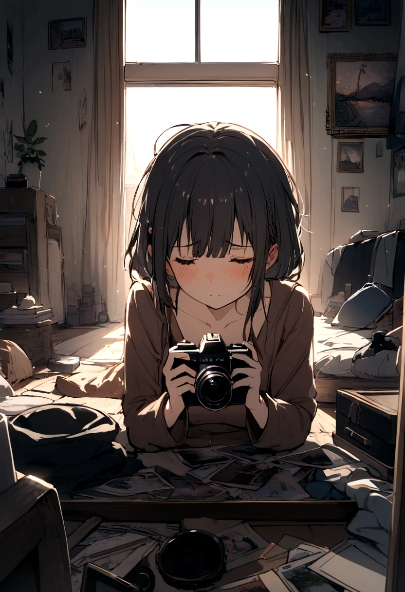A girl in her messy room is very sad because she cannot find the memory of her camera and with this all the photos of her trip are lost.