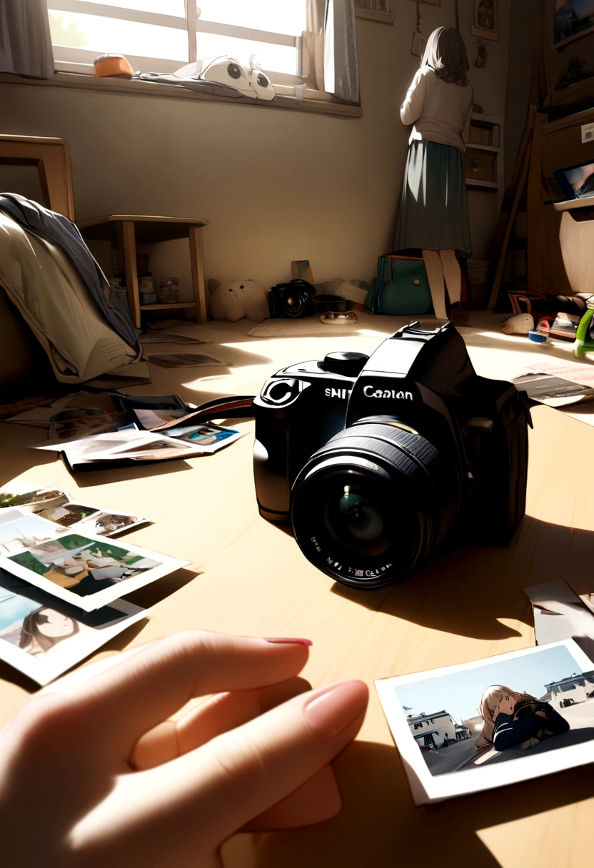 A girl in her messy room is very sad because she cannot find the memory of her camera and with this all the photos of her trip are lost.