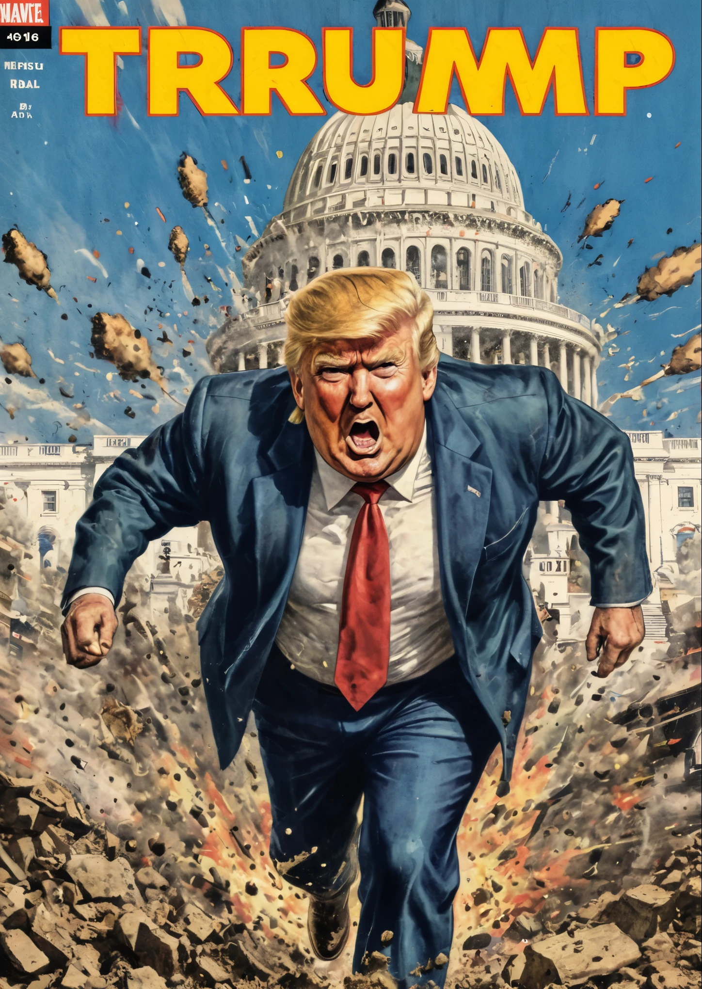 Vintage comic book cover illustration of old and fat Donald Trump exiting manically over the United States Capitol exploding, vintage dirt, dirt of aging,