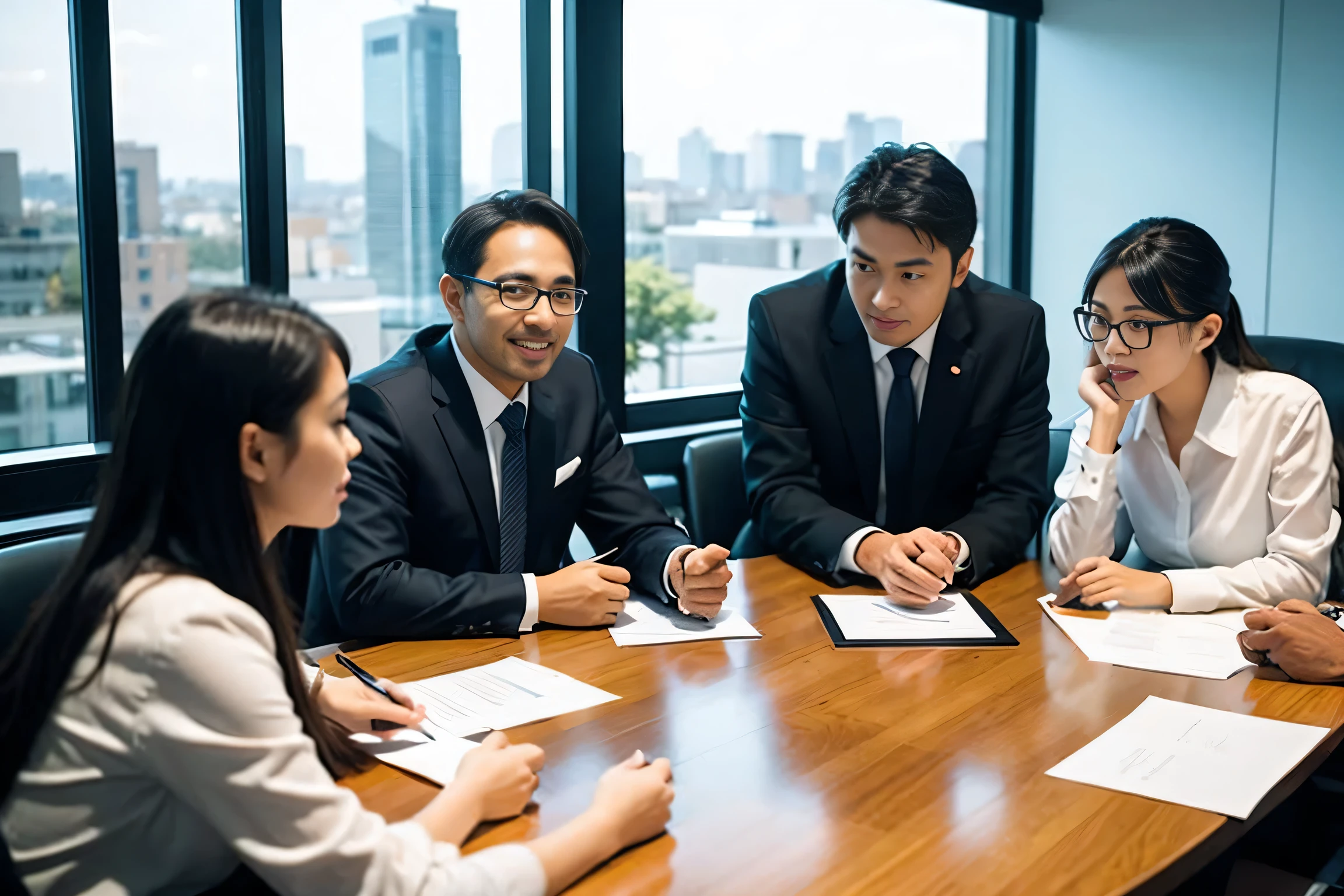 Successful team collaboration in business boardroom