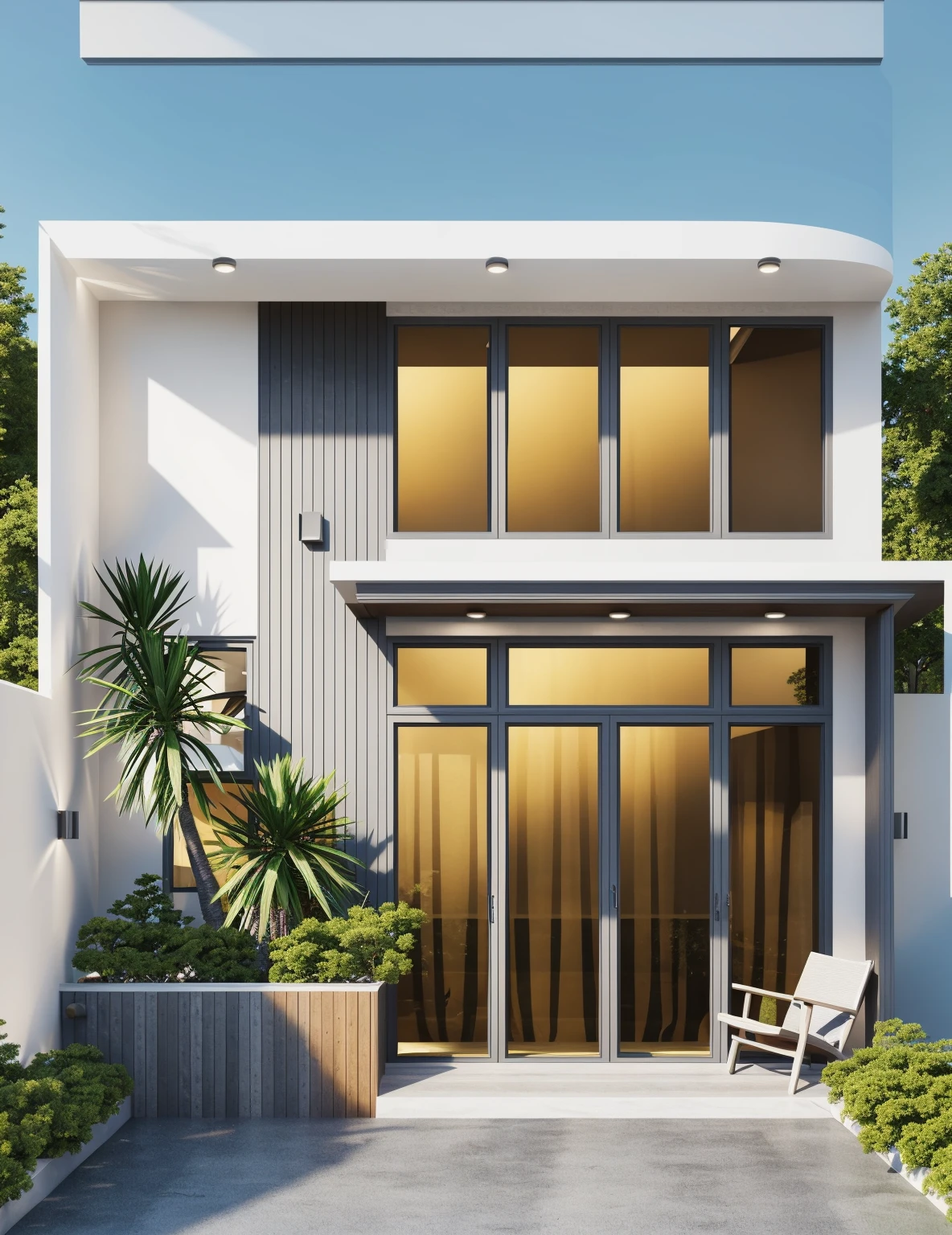 PLATFORM KTHOUSE, 1 morden villa,1large yard, 1 road runs in front of the house, (RAW photo, real, best quality, masterpiece:1.2), look morden minimalist, 1 road in front of the house, dynamic lighting:1.3, (hyper realistic, photo-realistic:1.2), high quality, (dark lighting:1.2), perfect lighting, archdaily, no human, light at 12 noon, light in door:1.2