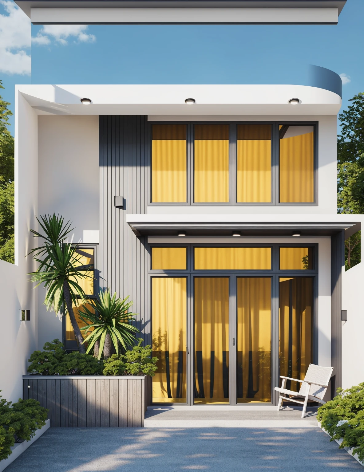PLATFORM KTHOUSE, 1 morden villa,1large yard, 1 road runs in front of the house, (RAW photo, real, best quality, masterpiece:1.2), look morden minimalist, 1 road in front of the house, dynamic lighting:1.3, (hyper realistic, photo-realistic:1.2), high quality, (dark lighting:1.2), perfect lighting, archdaily, no human, light at 12 noon, light in door:1.2