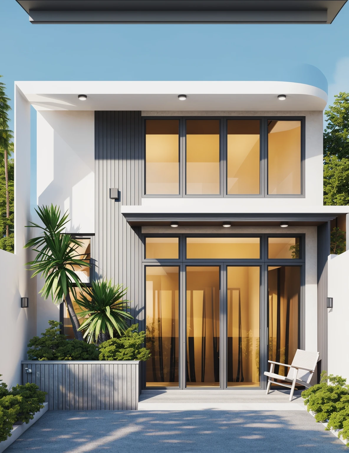 PLATFORM KTHOUSE, 1 morden villa,1large yard, 1 road runs in front of the house, (RAW photo, real, best quality, masterpiece:1.2), look morden minimalist, 1 road in front of the house, dynamic lighting:1.3, (hyper realistic, photo-realistic:1.2), high quality, (dark lighting:1.2), perfect lighting, archdaily, no human, light at 12 noon, light in door:1.2