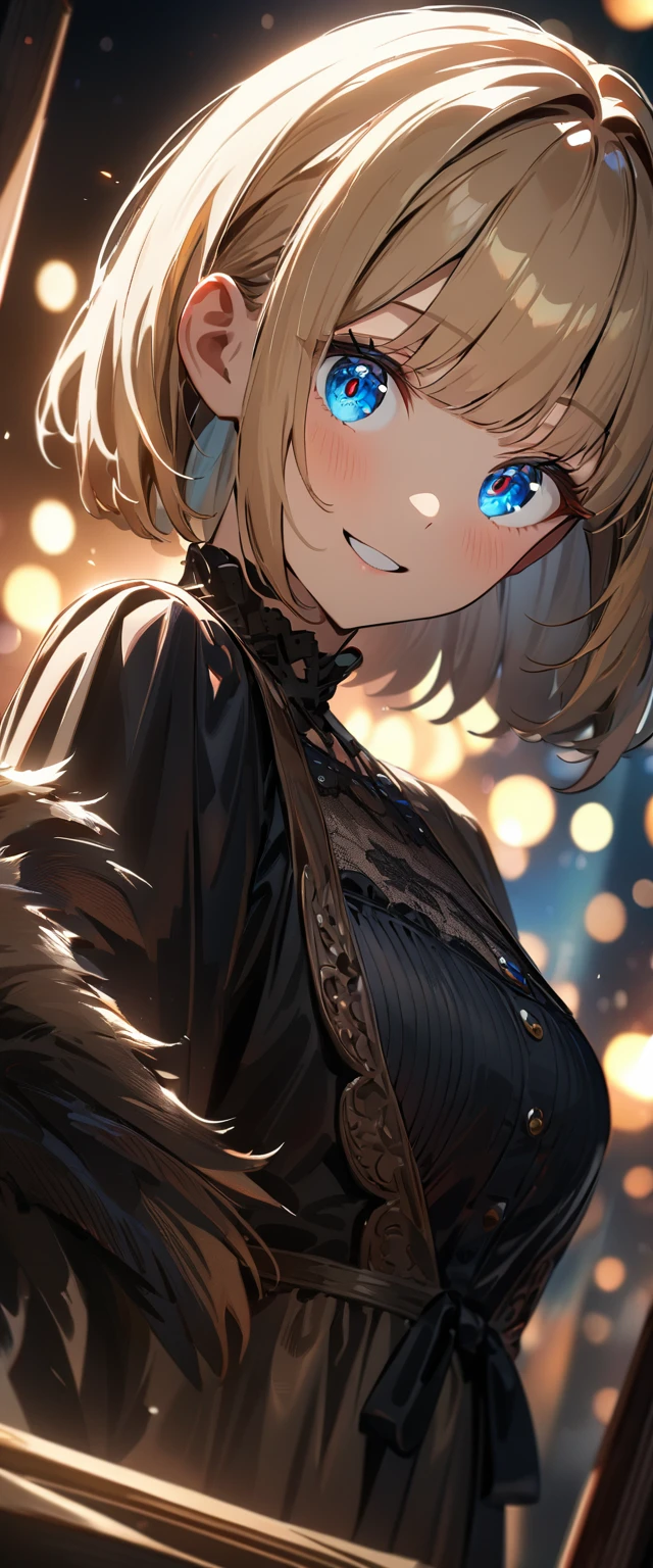 (((One girl))), Shibuya, blond hair, bob cut, ((upper body)), (looking at viewer), breasts, teenager, head tilt:1.3, (((blue eye))), constricted pupils, (from side:1.3), reaching, ((happy smile)), gothic lolita:1.3, anime style, (best quality, 4k, 8k, highres, masterpiece:1.2, ultra-detailed, ultra-detailed eyes, HDR, UHD, studio lighting, ultra-fine painting, sharp focus, physically-based rendering, extreme detail description, professional, vivid colors, bokeh)
