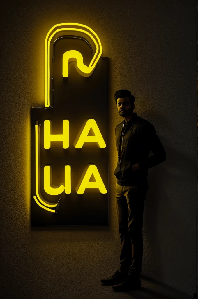 the background feature YaaR in big and capital yellow neon light fronts on the dark gray wall.there should not be his shadow,and the