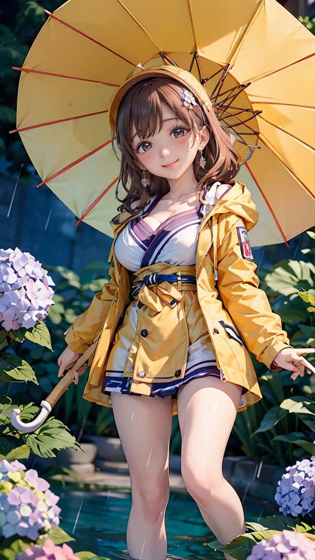 ((((highest quality)))), (((Ultra-precision CG 16K))), (((masterpiece))), (((Very detailed))), (((Extremely detailed))), (((Black outline:1.3, Written boundary depth:1.3 , Written soft outline))), Blur, Bokeh, Maximum clarity and sharpness,Multilayer Texture, Surface Shading, Cinematic lighting, Beautiful details sparkle ,Perfect Proportions, Limited to three woman, BREAK accurate, Anatomically correct, Highly detailed face and skin texture, drawn in detail, Highly detailed facial and skin texture, Detailed eyes, beautiful hair, Beautiful Japanese Idol face, Beautiful and beautiful eyes, Beautiful body, Beautiful breasts, Beautiful thighs, Beautiful legs, Beautiful fingers, (Beautiful views) , skinny body, ((Beautiful Skin)), ((Skin Texture)) BREAK breast enlarged, large Breasts, rocket breasts, slender waist, (blush, smiling:1.3,) BREAK (((yellow raincoat:1.3 , ))) , wearing earrings, BREAK ((( a girl hold on umbrella , rain, rainbow, hydrangeas, frog, stick breast out))),(serious, full body shot, long shot , from front:1.3 , from below:1.3,),