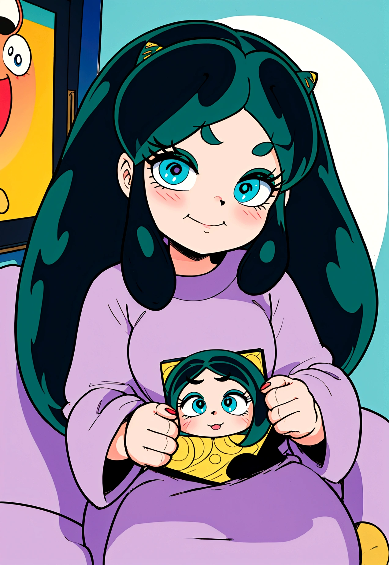 score_9, score_8_up, score_7_up, lum, solo, retro artstyle, 1980s style, blue eyes, eyeshadow, green hair, long hair, horns, bangs, aqua hair, dynamic angle, big breasts, big ass, (little, small tiny body, chibi, small), (8 years old), (1 toddler:1.4), (baby face), (round face), (big forhead:1.2), (beautiful big eyes:1.3), extremely detailed cute anime face, (best quality, masterpiece, absurbres, super-resolution), soft pastel aesthetic, gaming console, chilling at home, playing video game, LCD screen, fun, laugh, smile, (eyelid pull), detailed faces, warm lighting, cozy interior, dynamic composition, vibrant colors, cinematic, depth of field, black cat, black cat on her lap, emotional expression, vintage comic style, grimace