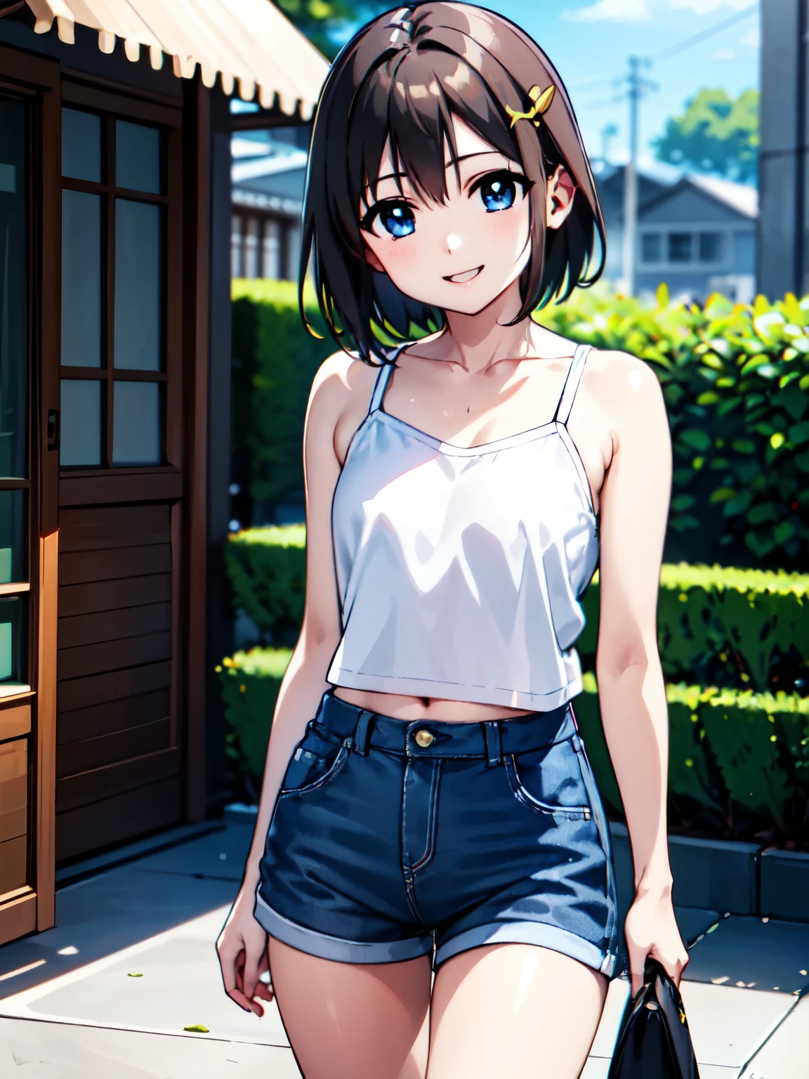 (Moe:1.10)、enjoy、Very detailed,独奏,big eyes、smile＋happy、 hayate yagami、Standing、smile、Shorts、camisole、hair ornaments、smile、One Girl,Absolute reference to the center、4K,8K、 Perfect lighting, Extremely detailed CG、High resolution、超High resolution、Physically Based Rendering(Genuine、Realistic、Realistic)、Cowboy Shot、(Anime illustration style:1.2)、