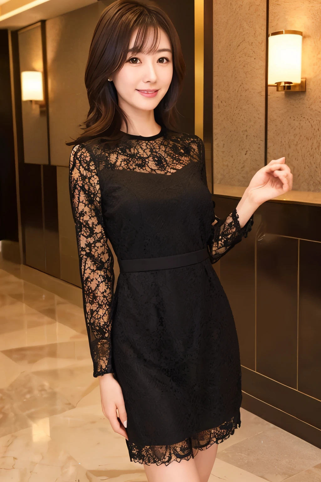 A Japanese woman, {30|40} years old, 1girl, cute face, slight smile, ((detailed face, detailed eyes)), black {short|long} hair, medium breasts, very thin waist, correct human body structure, See-through lace mini dress in various colors, standing in a hotel lobby, (full body photo),