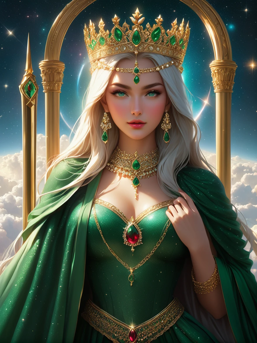 A magnificent(Seat of Power:1.3)Scenes,(1 The girl sat majestically on a throne made of emeralds and rubies),Behind her is a huge canopy,Towering into the sky,Made of equally impressive jewellery,The universe forms the backdrop for this gorgeous scene,She exudes noble elegance,Her attire is reminiscent of the robes worn by priests.,But the authoritative position,In her hand she holds a sword forged of emeralds and rubies,Represents her strength and leadership,She wore a radiant crown on her head,It is adorned with the most brilliant jewels,Creating a celestial halo around her,When the sun shines in the background,She exudes overwhelming energy.,There's crackling electricity all around,Demonstrated her authority,A white smoky veil shrouds her,Symbolizes the Holy Spirit,and emphasized her status and divine connection,这一Scenes体现了她令人敬畏的存在,Strong and authoritative