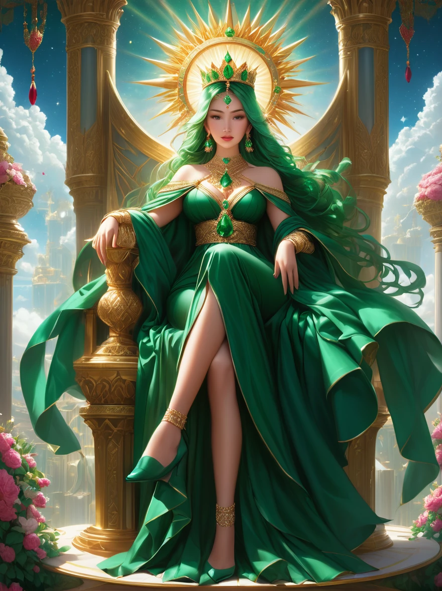 A magnificent(Seat of Power:1.3)Scenes，(1 The girl sat majestically on a throne made of emeralds and rubies)，Behind her is a huge canopy，Towering into the sky，Made of equally impressive jewellery，The universe forms the backdrop for this gorgeous scene，She exudes noble elegance，Her attire is reminiscent of the robes worn by priests.，But the authoritative position，In her hand she holds a sword forged of emeralds and rubies，Represents her strength and leadership，She wore a radiant crown on her head，It is adorned with the most brilliant jewels，Creating a celestial halo around her，When the sun shines in the background，She exudes overwhelming energy.，There&#39;s crackling electricity all around，Demonstrated her authority，A white smoky veil shrouds her，Symbolizes the Holy Spirit，and emphasized her status and divine connection，这一Scenes体现了她令人敬畏的存在，Strong and authoritative