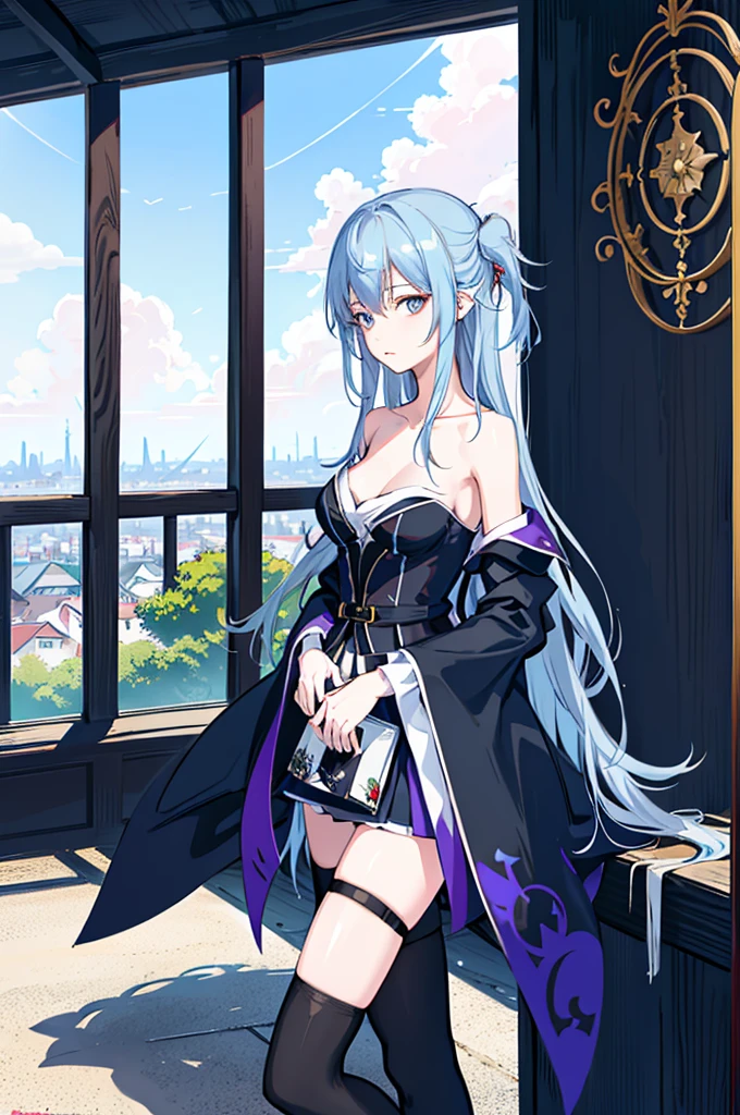 1girl, solo, outdoors, long hair, holy place, Original,(Illustration:1.1),(Best Quality),(masutepiece:1.1),(the Extremely Detailed CG Unity 8K Wallpapers:1.1), (Colorful:0.9),(mid-shot:0.95),(extremely detailed beautiful face),(Solo:1.2), (girl),(((Lori))), (Detailed beautiful eyes:1.15), (Beautiful face:1.15), (Glowing blue eyes:1.25////),(((sky blue Long Hair))),(two side up),(+perfect hand+:1.21),(Draw illustration of Japan priestess costume),(slender),(White pleated skirt),(Gothic),((black thighhighs)),(frilld),(Beautiful Slender Lolita Girl),hallowween,standing, girl,10 years old, girl,foggy place,vampire,sky blue hair,((full body,whole body)),((black thighhighs)),((black thighhighs)),