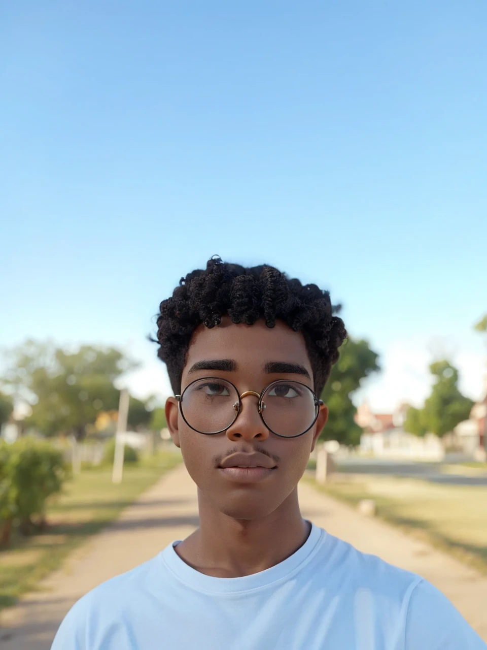 Dark-skinned boy with round glasses and curly hair