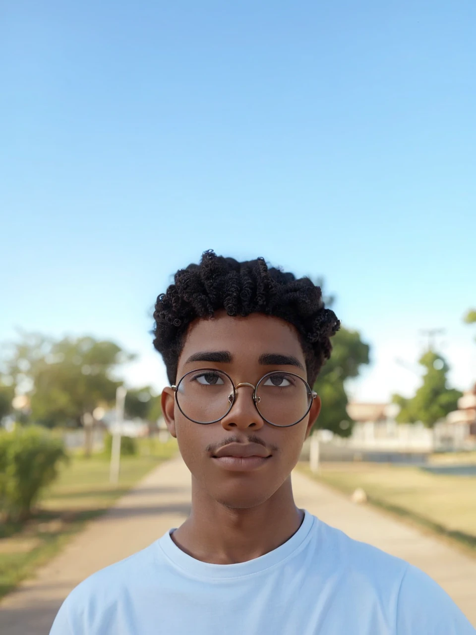Dark-skinned boy with round glasses and curly hair