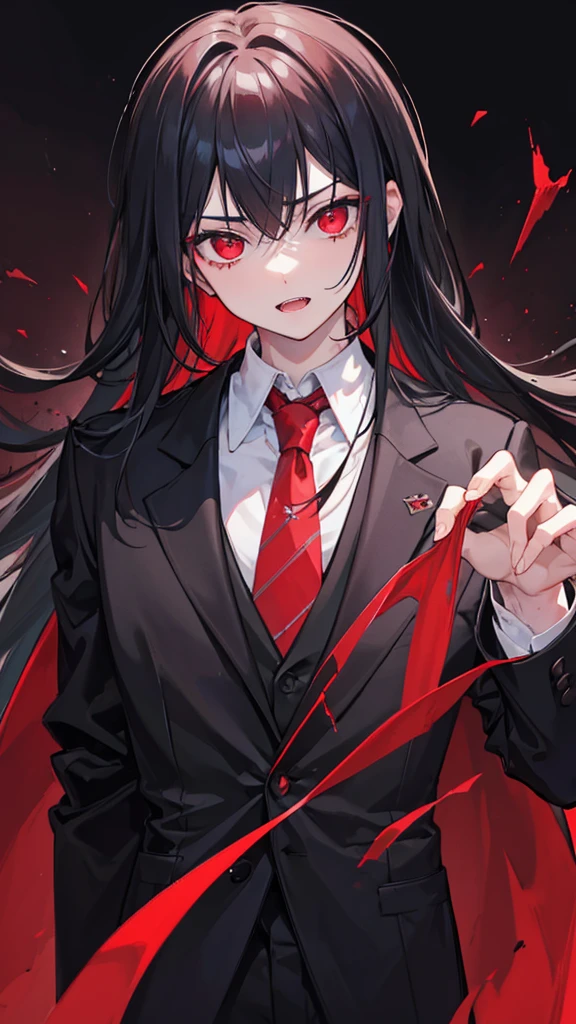 one  men, blackquality hair, deep red eyes, suit, Rico , with vampire fangs 