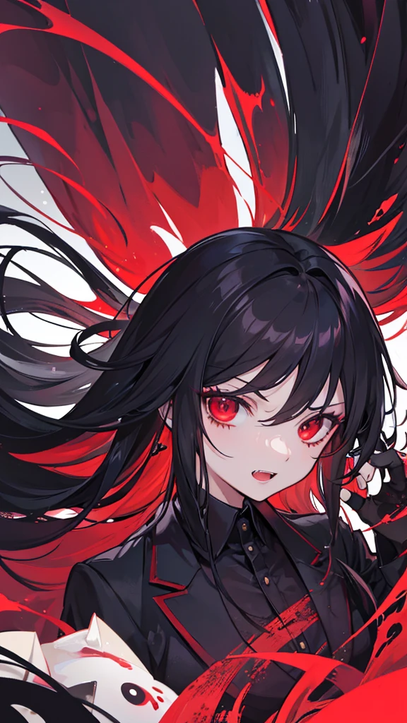 one men, blackquality hair, deep red eyes, suit, Rico , with vampire fangs