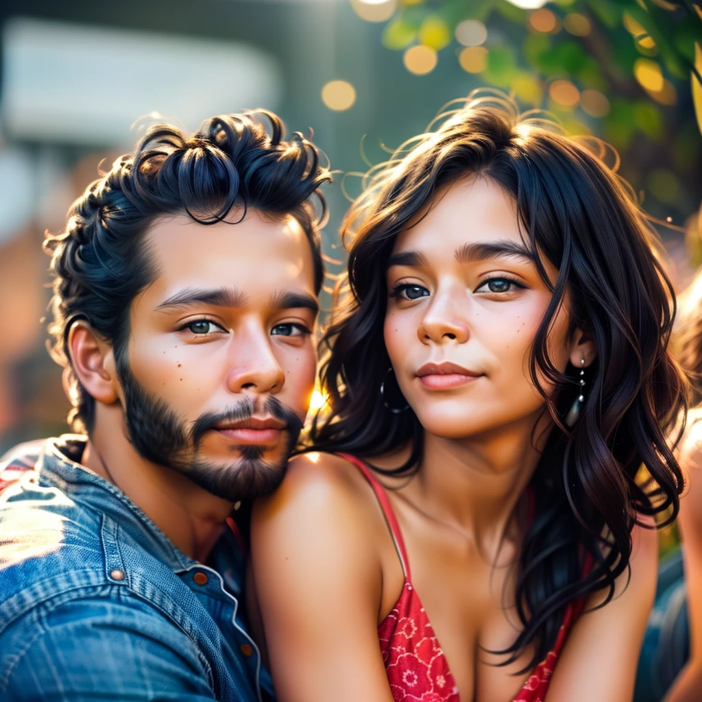 A couple ((same original faces)) sunset, portrait