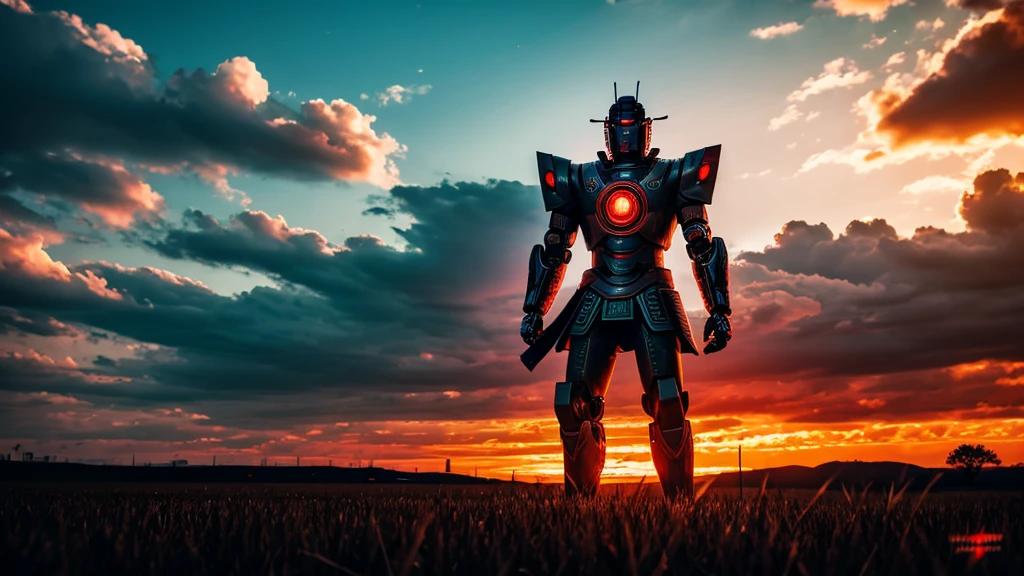 cyberpunk robot samurai standing in a field with the sky on fire