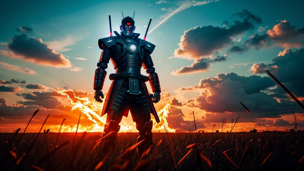 cyberpunk robot samurai standing in a field with the sky on fire