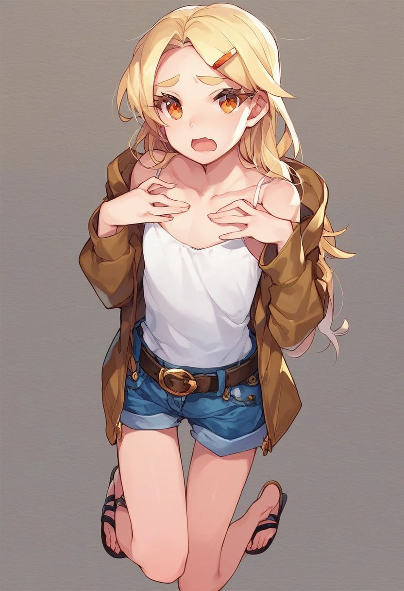 score_9,score_8_up,score_7_up,source_anime,1girl, solo, gakushinohiro, blonde hair, long hair, parted bangs, blonde eyelashes, flat chest, orange eyes, hairclip, pale, Skinny, twiggy, collarbone, wavy mouth, half opened mouth, troubled eyebrows, upper eyebrows +++ white camisole, denim shorts, belt, khaki jacket , lace-up sandals , +++ Placing hand on chest, , look up to, portrait, cinematic lighting,