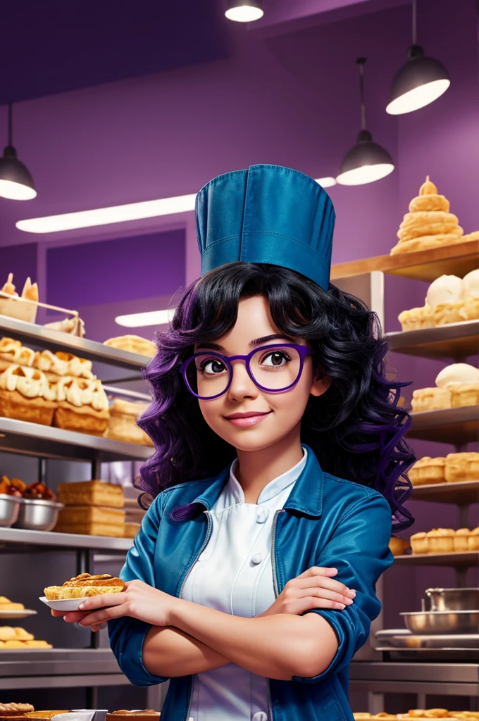 Create a Disney Pixar-inspired poster with the character being a dream pastry chef, black wavy hair girl, purple glasses, wearing a blue jacket and a chef&#39;s hat