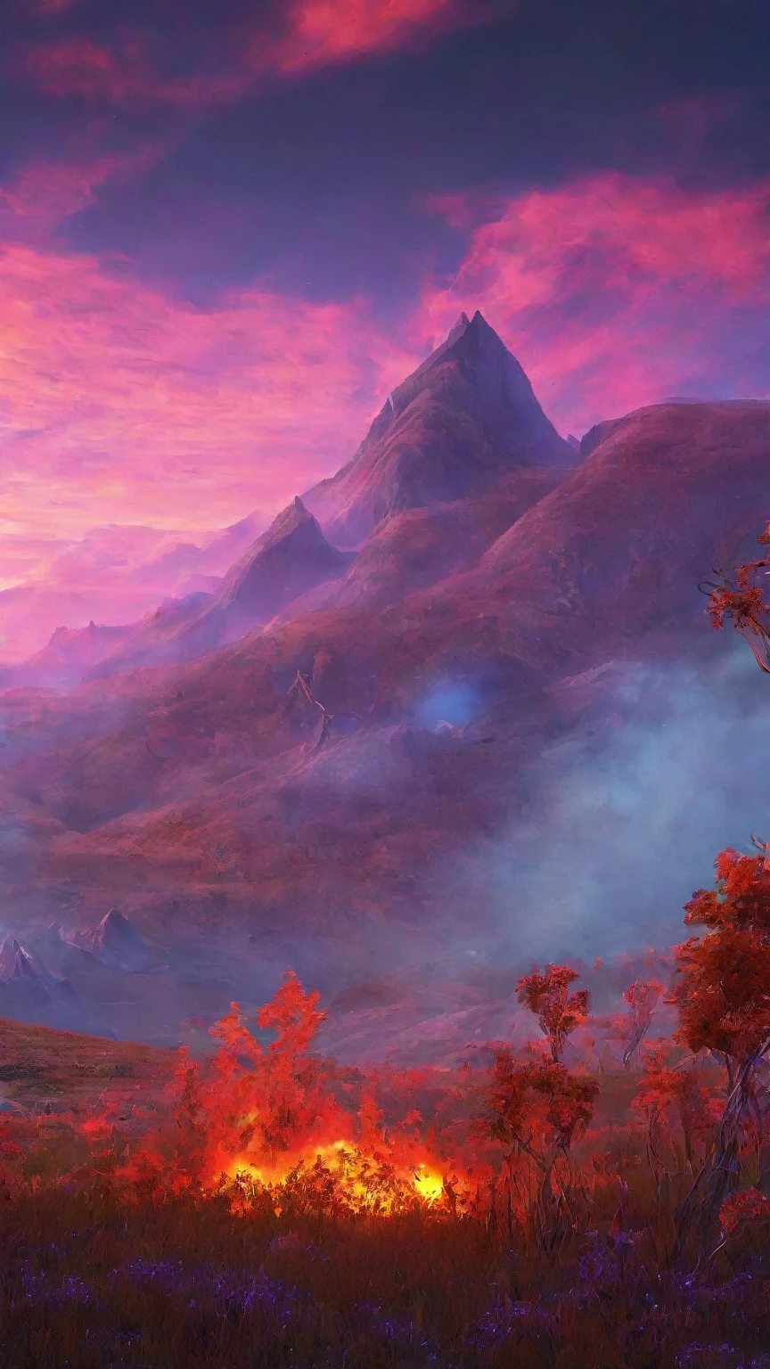 Mysterious prairie and burning mountain々、Highest quality、3DCG illustration、Digital Art、Fantasy、neon
