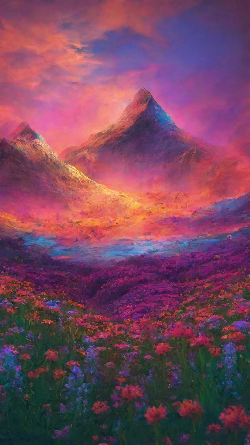 Mysterious prairie and burning mountain々、Highest quality、3DCG illustration、Digital Art、Fantasy、neon