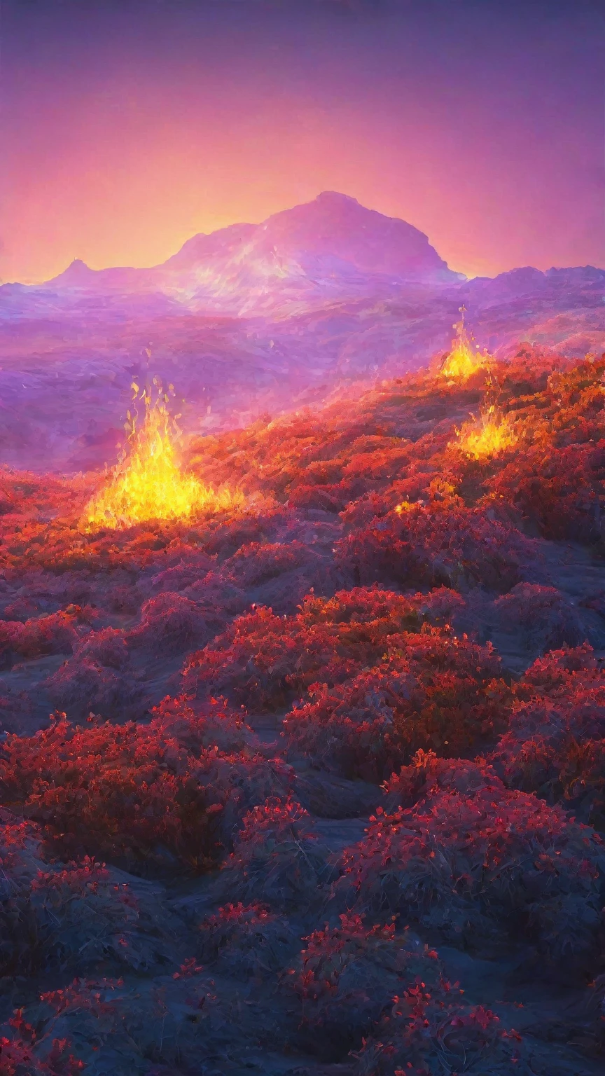 Mysterious prairie and burning mountain々、Highest quality、3DCG illustration、Digital Art、Fantasy、neon