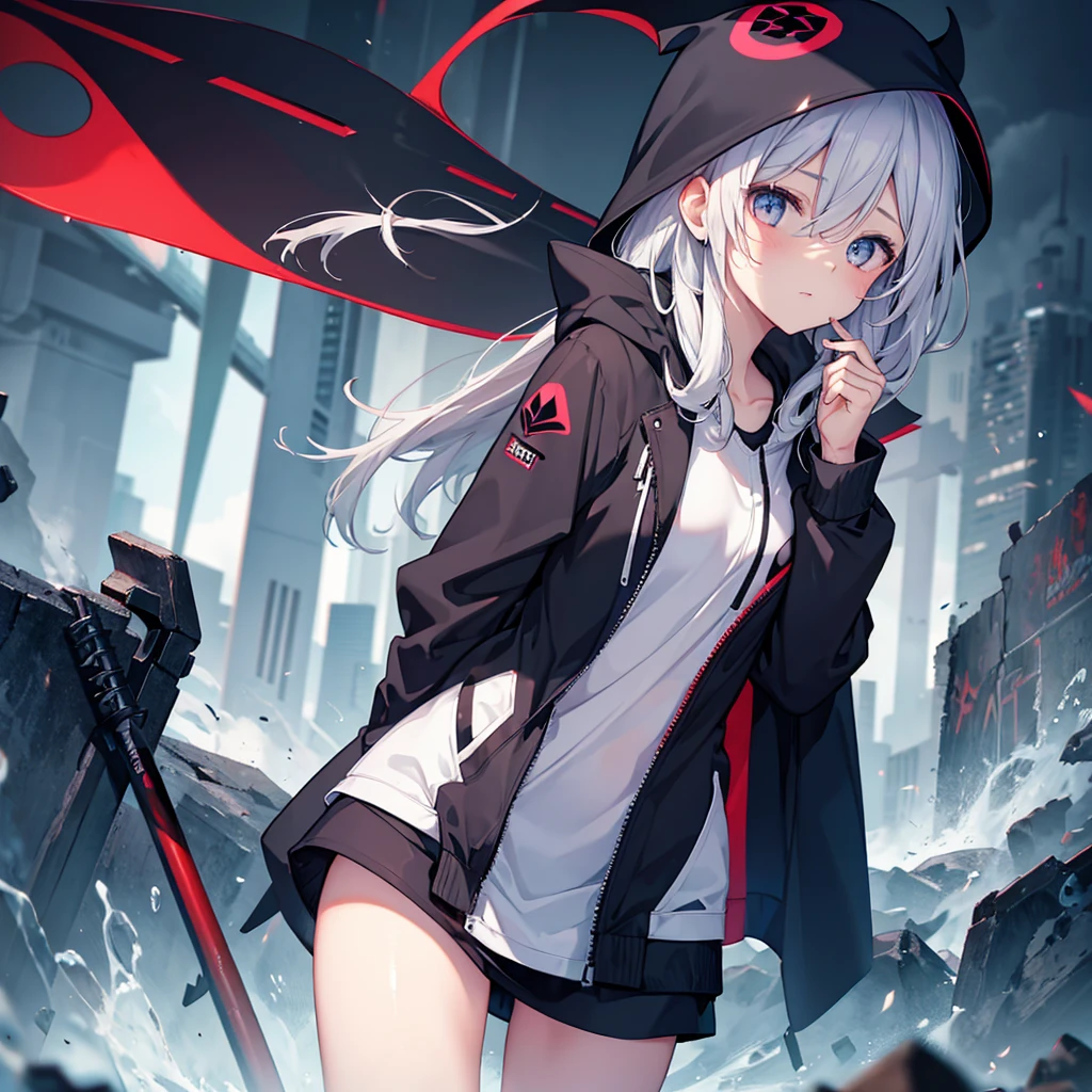 (((Grim Reaper's Scythe))) (((Gray Hair Short Hair blue eyes girl Close-up))),((night full moon My own big wings)),(Wearing a hood Black camisole Purple light), A tense look Shining Background Shining Edge