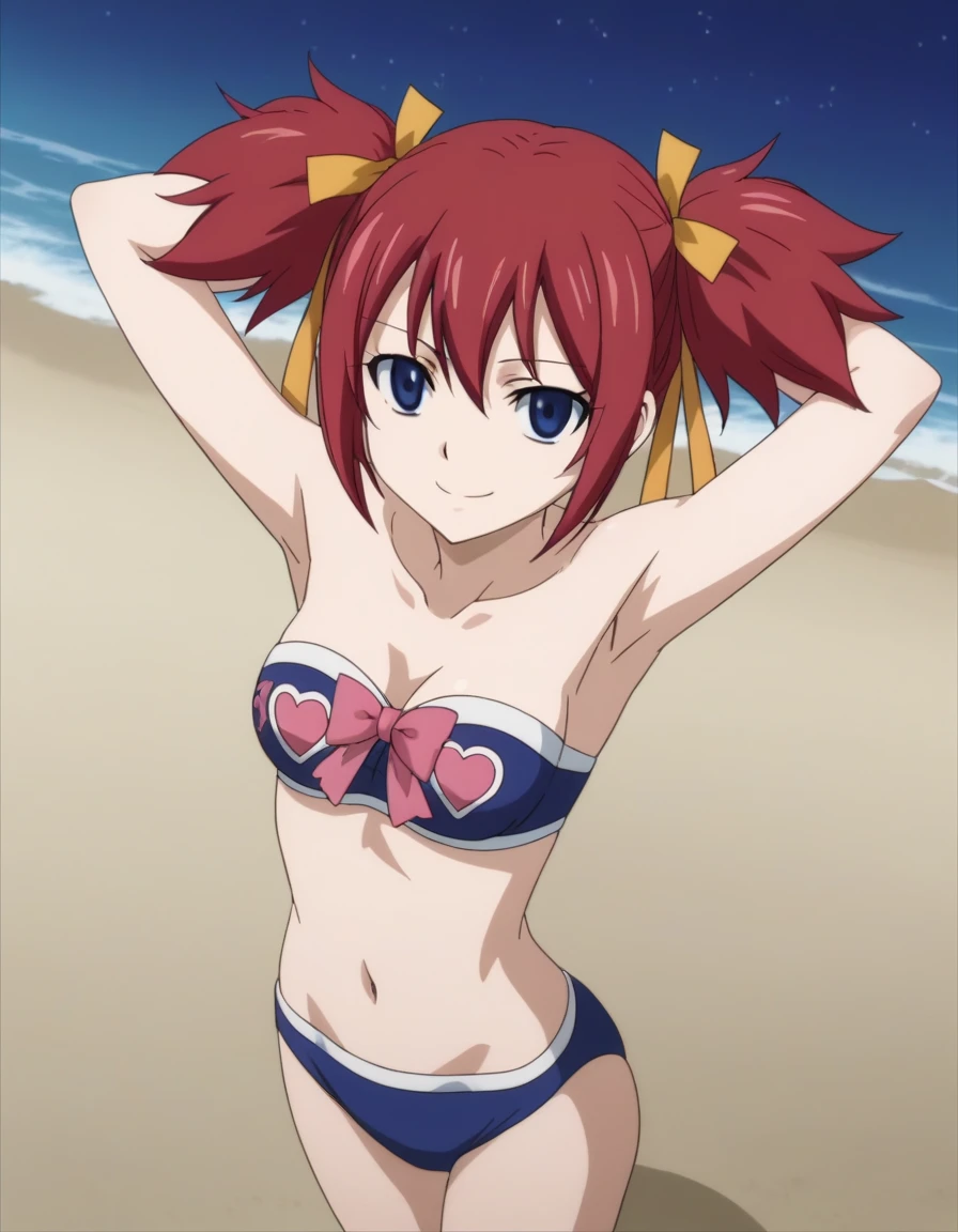 chelia_blendy, source_anime, rating_safe, intricate details, anime screencap, anime coloring, 1girl, solo, red hair, blue eyes, ribbon, hair ribbon, twintails, short twintails, looking at viewer, solo, contrapposto, spread armpit, arms behind head, smile, looking at viewer, full body, closed mouth, night sky, beach, high quality, center view,