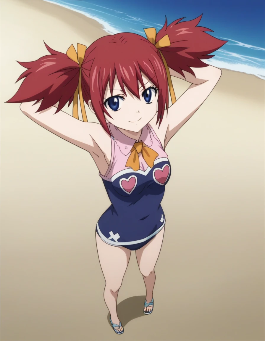 chelia_blendy, source_anime, rating_safe, intricate details, anime screencap, anime coloring, 1girl, solo,  red hair, blue eyes, ribbon, hair ribbon, twintails, short twintails, looking at viewer, solo, contrapposto, spread armpit, arms behind head, smile, looking at viewer, full body, closed mouth, night sky, beach, high quality, center view,