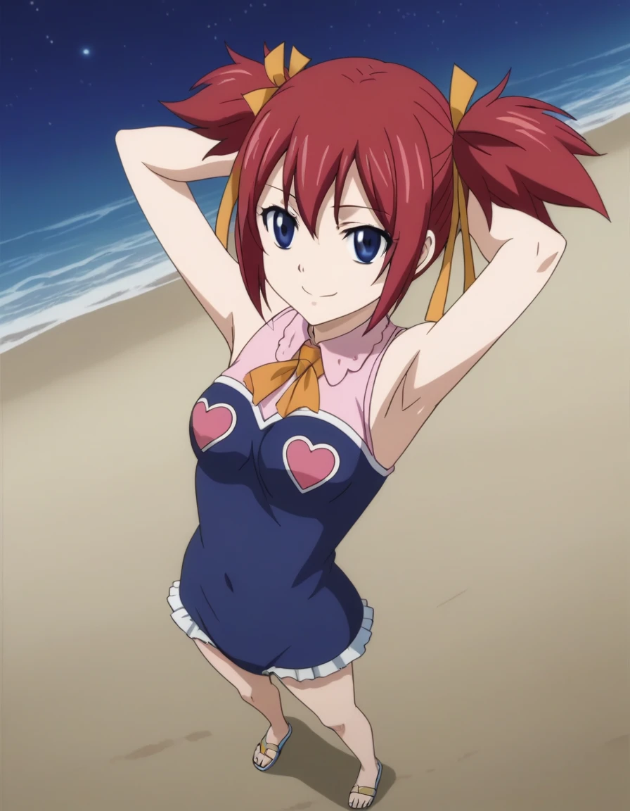 chelia_blendy, source_anime, rating_safe, intricate details, anime screencap, anime coloring, 1girl, solo,  red hair, blue eyes, ribbon, hair ribbon, twintails, short twintails, looking at viewer, solo, contrapposto, spread armpit, arms behind head, smile, looking at viewer, full body, closed mouth, night sky, beach, high quality, center view,