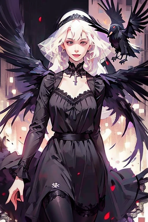 ((Playing with a raven:1.4)), Russian Orthodox Church. (black lace sundress, pantyhose :1.3), (head veil), cross necklace, Sunday best.Cute 18 yo (albino:1.4)woman of Slavic descent.(short:1.1), long white hair, gray eyes, ((very pale:1.4)). Innocent look. Gentle spirit.(virgin),((smile)).Masterpiece, best quality(highly detailed:1.2),(detailed face and eyes:1.2), depth of field, 8k wallpaper, studio lighting, core shadows, high contrast, bokeh.