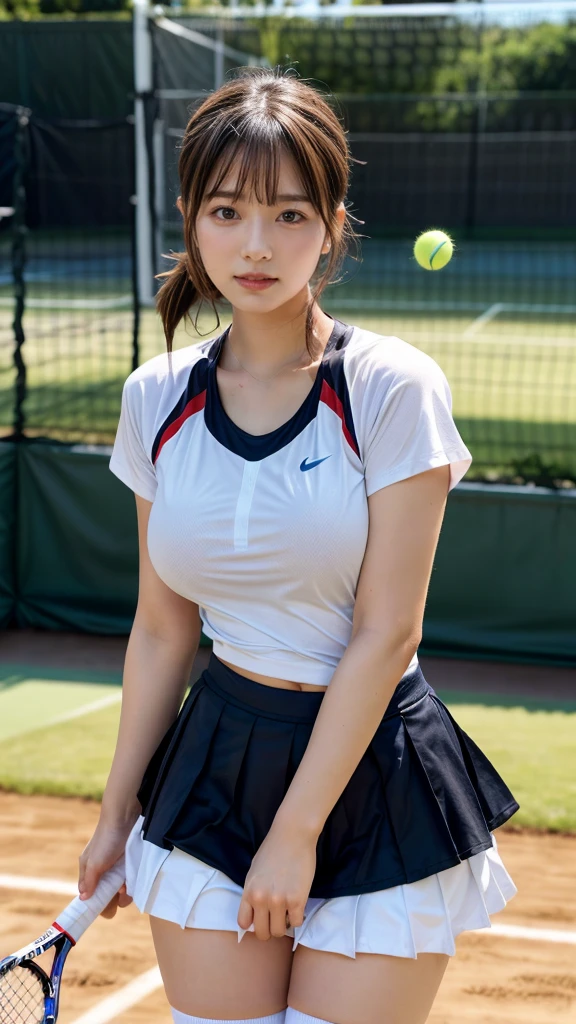 masterpiece, best quality, illustration, Super detailed, fine details, High resolution, 8K,wall paper, perfect dynamic composition, front view, standing, leaning forward, 18 year old girl, tennis player, Gravure Idol, cute type, (Details High quality, realistic depiction of eyes:1.3), (Colossal tits:1.2), expresses the roundness and softness of your chest., low ponytail, black hair color, Dark makeup, Big Natural Color Lip, thick thighs, perfect body shape, plump figure, large hips, beautiful clavicle, white tennis uniform, short sleeve, shirt, skirt, socks, tennis shoes, depth of fields, natural lighting