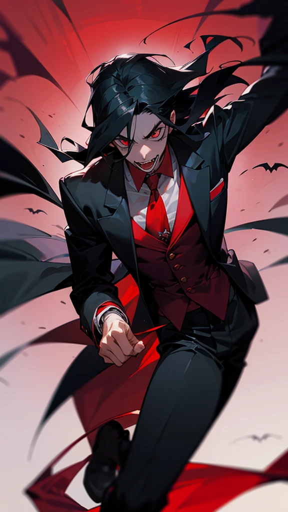 one men, blackquality hair, deep red eyes, suit, Rico , with vampire fangs