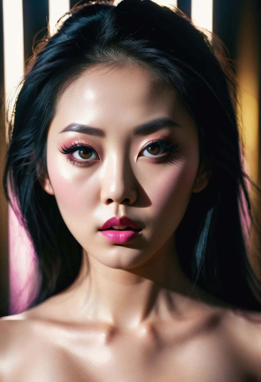 beautiful asian goddess of fertility,1girl,japanese woman,black hair,cold expression,thriller film,detailed face,extremely detailed eyes,pink lips,highly detailed,8k,photorealistic,cinematic lighting,dramatic shadows,dramatic lighting,dramatic atmosphere,moody colors,vibrant colors,fantasy,surreal