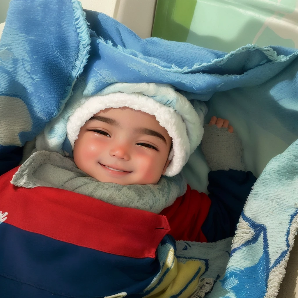 there is a baby that is laying down in a blanket, Riyad Cassim, José Miguel Roman France, holding it to the camera, captured on iphone, facing forward the camera, looking directly at the camera, full round face!, Asher Duran, album photo, facing forward, looking directly at the camera, looking at the camera, welcoming grin, smiling lightly
