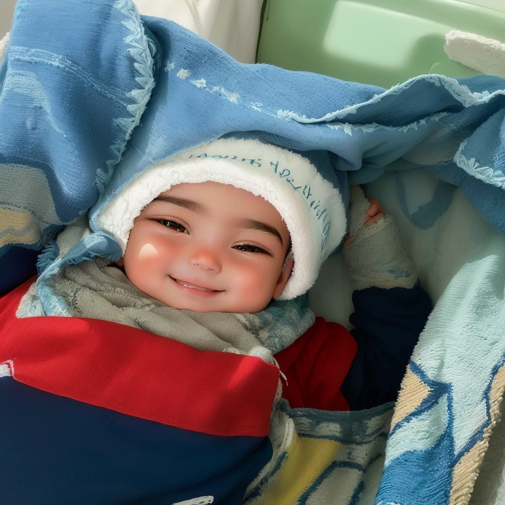 there is a baby that is laying down in a blanket, Riyad Cassim, José Miguel Roman France, holding it to the camera, captured on iphone, facing forward the camera, looking directly at the camera, full round face!, Asher Duran, album photo, facing forward, looking directly at the camera, looking at the camera, welcoming grin, smiling lightly