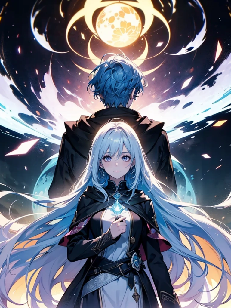 Imagine a striking poster featuring the main characters of your novel:In the foreground stands a handsome young man with messy short white hair and intense purple eyes. He exudes confidence and mystery, dressed in a hooded black long coat over a simple black t-shirt, hinting at his hidden powers and heroic destiny.Beside him stands a breathtakingly beautiful girl with long, flowing sky-blue hair that seems to shimmer with its own inner light. Her eyes match the color of her hair, radiating wisdom and serenity. She wears an elegant, ethereal dress that billows gently around her, emphasizing her otherworldly grace and beauty.The background is a blend of fantastical elements: swirling mists, distant mystical landscapes, and faint traces of magical symbols. This sets the stage for their epic journey together, where destiny intertwines their fates and challenges await that will test their courage and strength.The poster captures a moment of connection between these two central characters, hinting at a deep bond that transcends the ordinary and plunges them into a world of adventure, magic, and profound discoveries.
