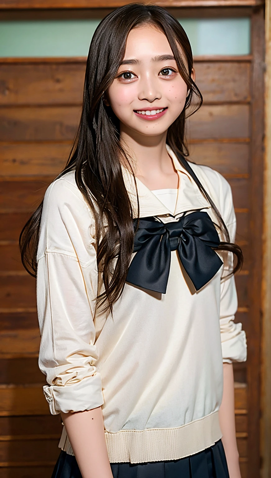 (cowboy shot),Ultra-high resolution,big eyes,(brown eyes),Japanese,(forehead),(a girl),(1 girl),((17 years old)),(cute),pretty,((facing at viewer)),arms behind back,grin,(black school sailor uniform),classroom