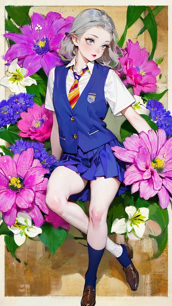 Poster,(a lot:1.2),((Art Deco,Botanical Art,Flower Art)),(Floral:1.2),Lily flower,
(masterpiece, Highest quality),(Vibrant colors,colorful),(Amazing details,Detailed Background),Anatomically correct,Accurate drawing,Detail View,Sense of luxury,
Perfect Anatomy, Girls open clothes:1.6, Bare Belly,Navel, Grey hair, Gray eyes,
(school uniform:1.5), Spread your legs,Spread your legs, Crotch crack