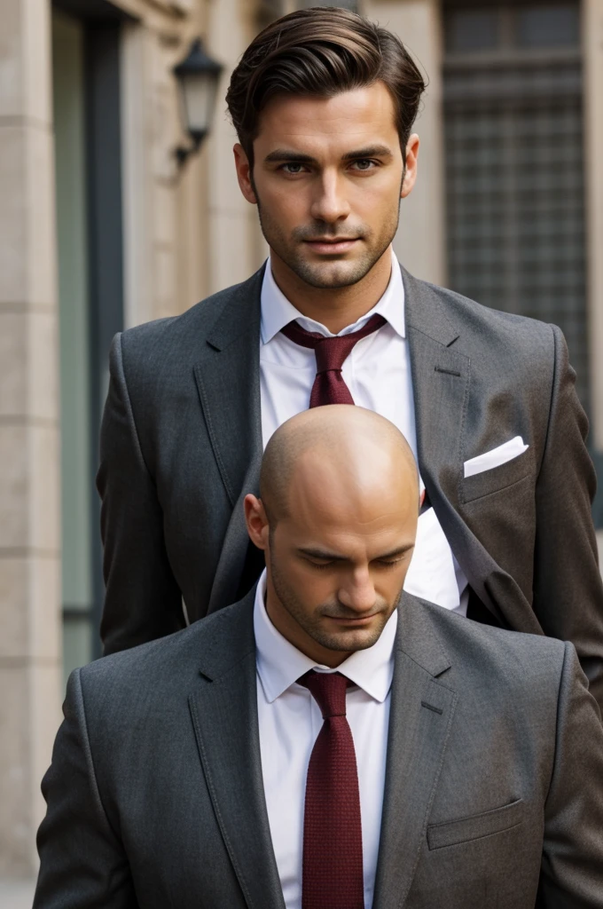 Handsome European man with short dark brown hair, Without beard, with white shirt and tie